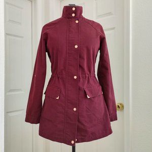 Rich Wine Canvas Jacket with Rose Gold Buttons and Zips, hidden cinch waist, S